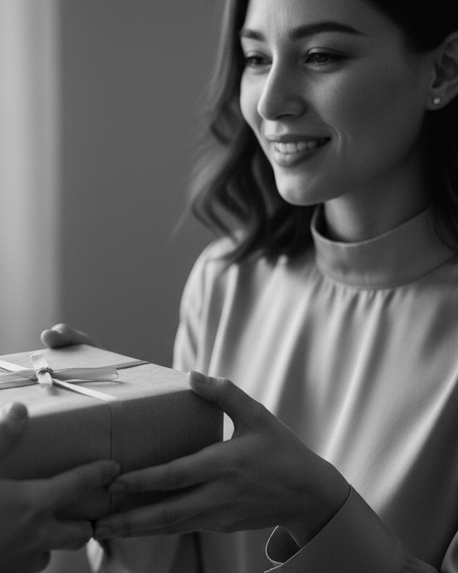 imagen de una mujer recibiendo un regalo (caja) con un enfoque natural y realista, en blanco y negro con un fondo neutro y difuminado. Primer plano. estilo editorial. 
