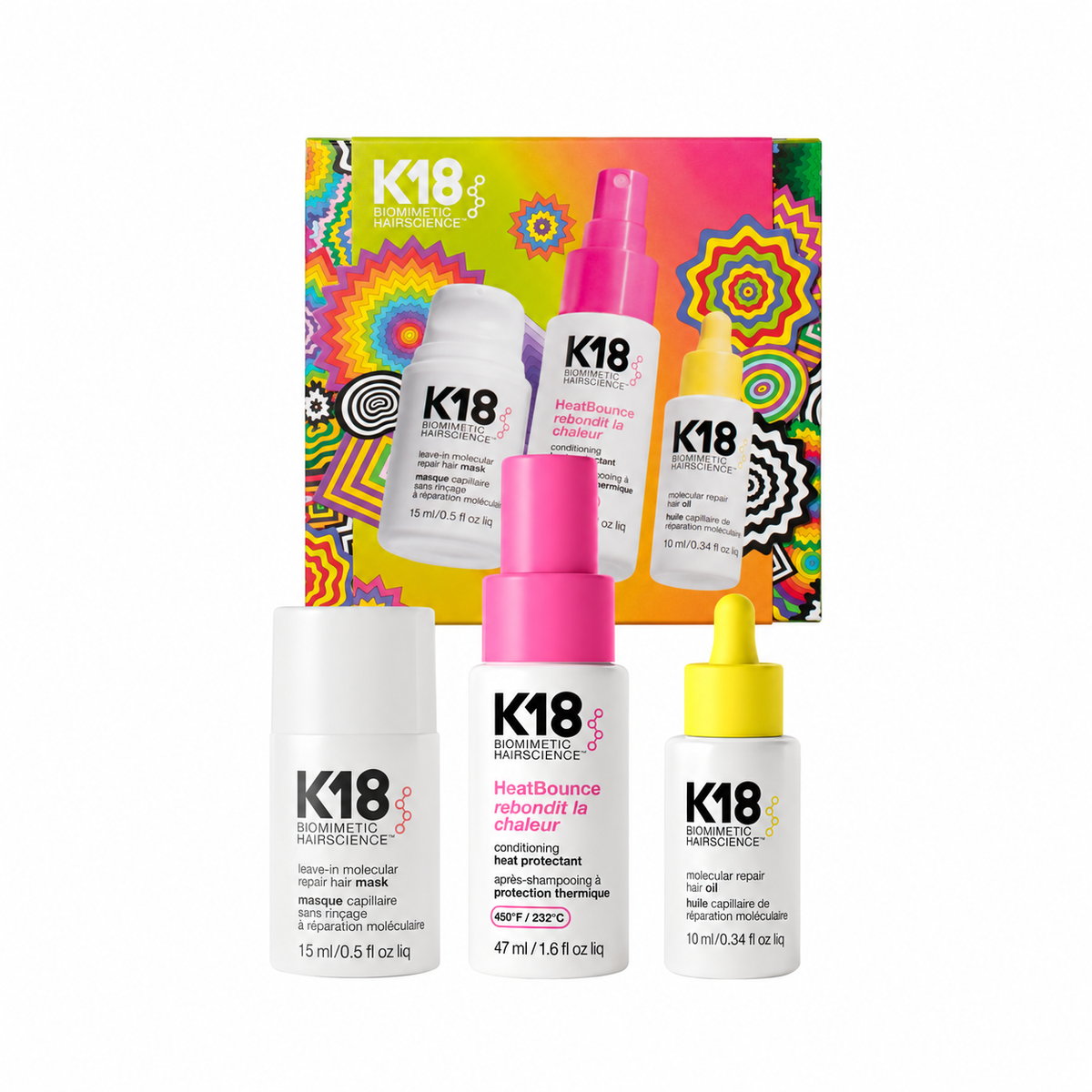 K18 Holiday 2026 Kit Repair, Protect + Smooth sobre fondo blanco
