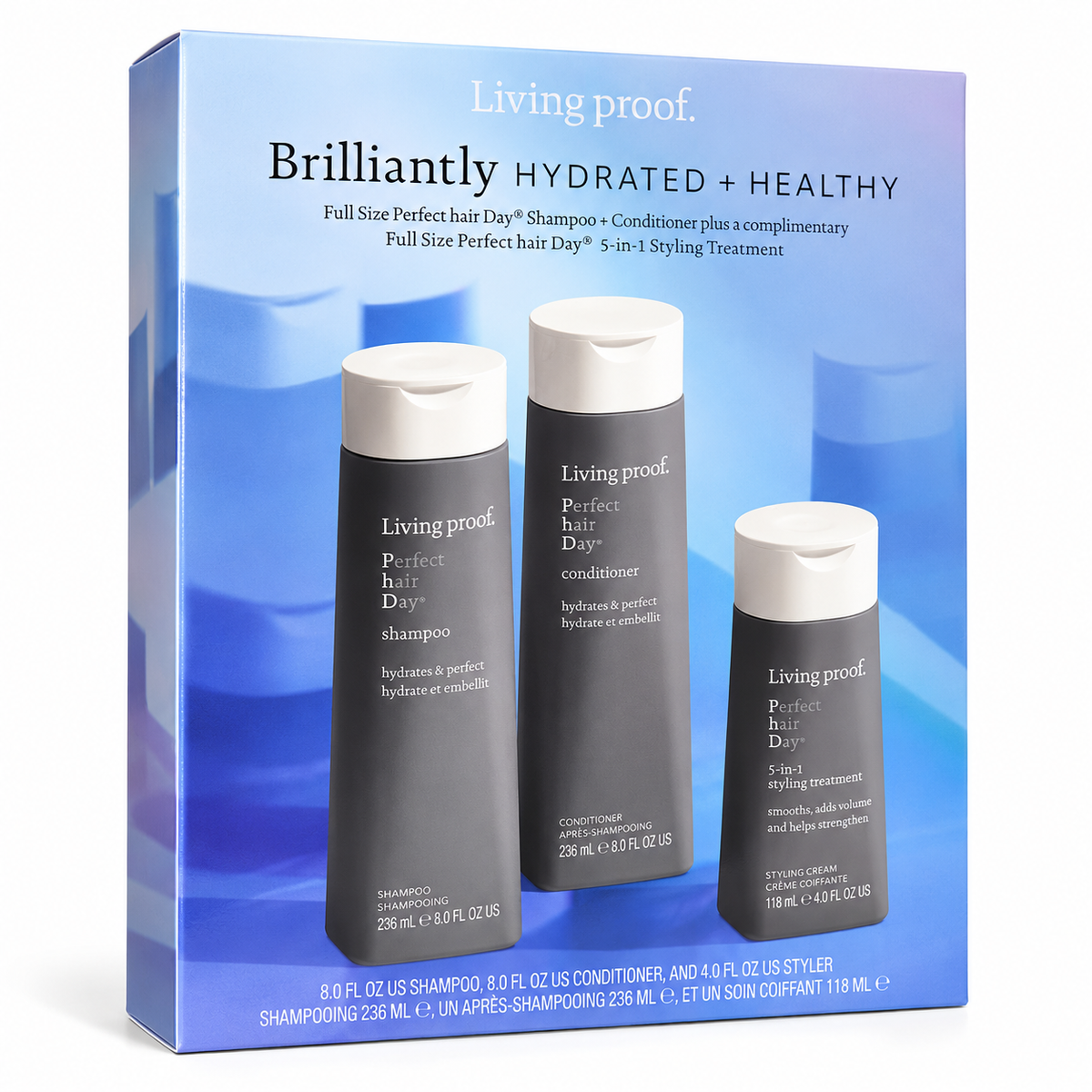 Caja Living Proof Brilliantly Hydrated + Healthy sobre fondo blanco. Imagen retocada digitalmente.