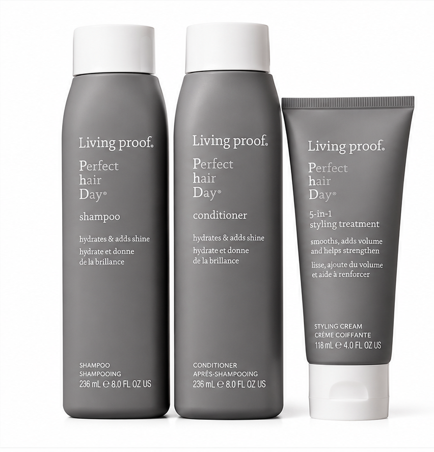 Imagen ilustrativa del contenido del pack Living Proof Perfect Hair Day: shampoo, acondicionador y tratamiento 5-in-1.
