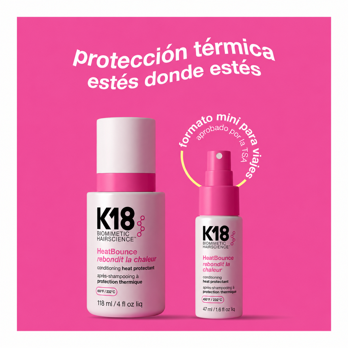 Mini HeatBounce™ Protector Térmico y Acondicionador Leave-In 47 ml – K18 — comparación de los formatos 118 ml y mini 47 ml