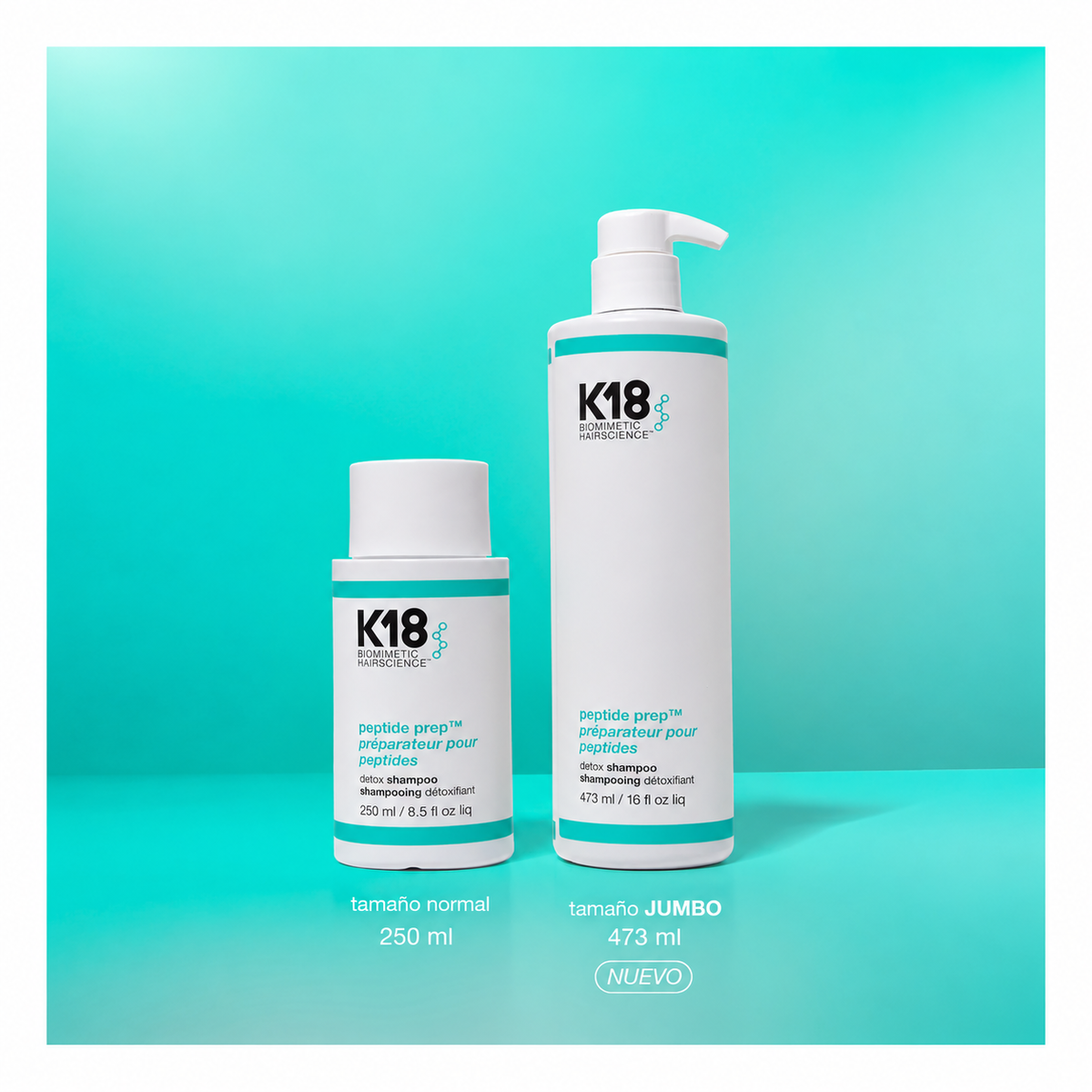 PEPTIDE PREP™ Detox Shampoo Jumbo 473 ml – K18 — comparación del formato 250 ml y Jumbo 473 ml