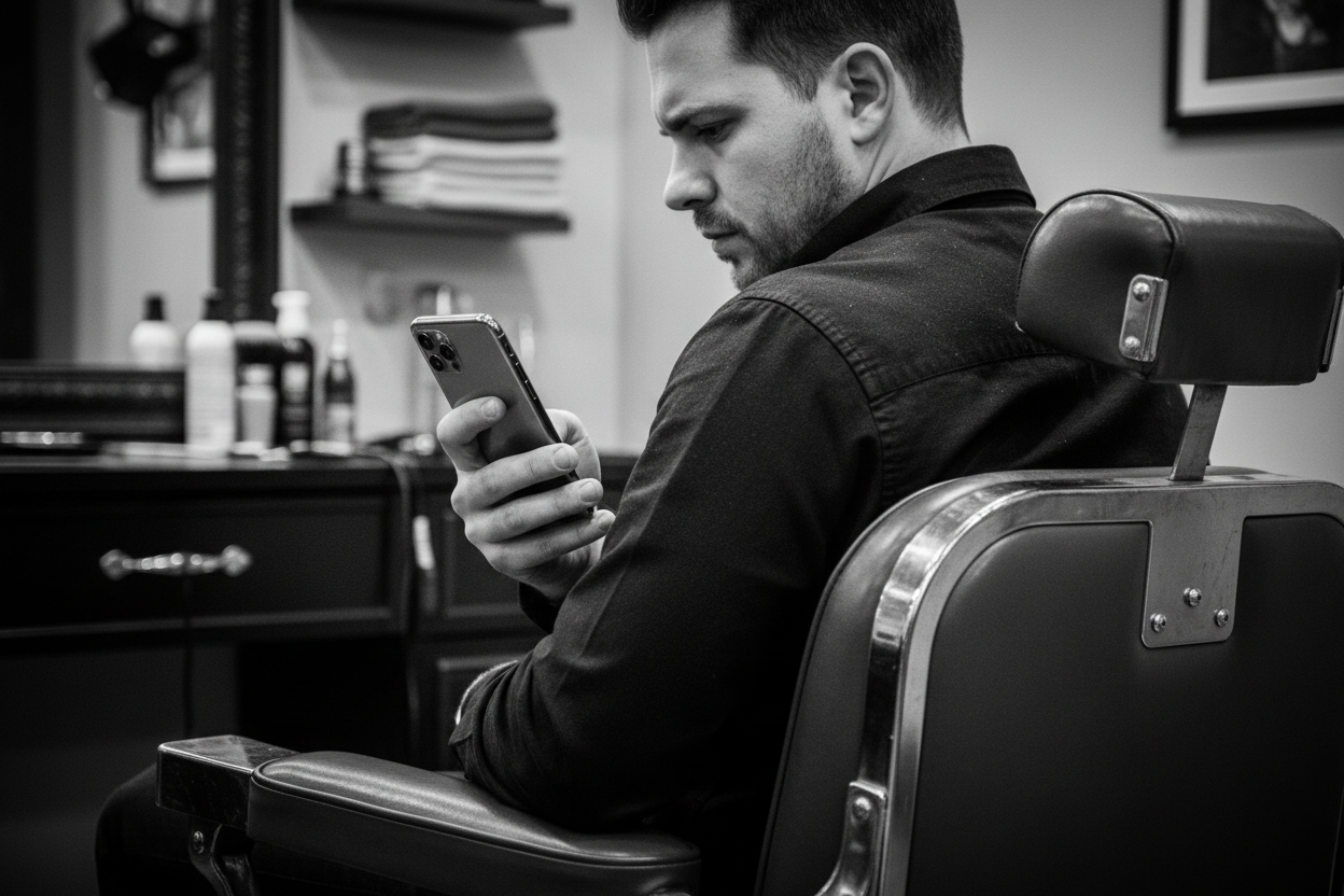 Un hombre con un celular agendnado su cita para la peluqueria, estilo editorial, con el celulaer en la mano, en blanco y negro, realista. observa la parte de atras del celular no se enfoca la pantalla. sin texto. 