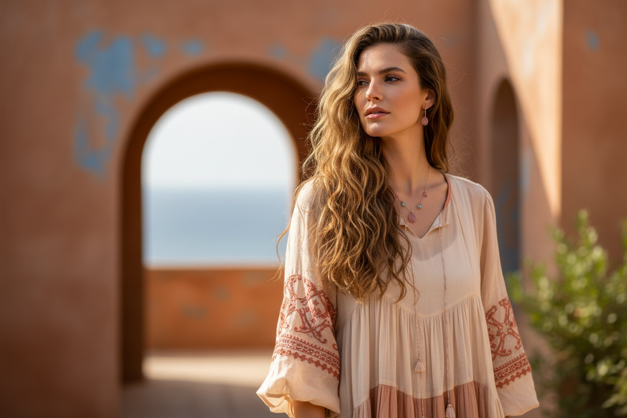 Una mujer con el cabello suelto, con fondo neutro difuminado, todo en tonos mediterraneos 