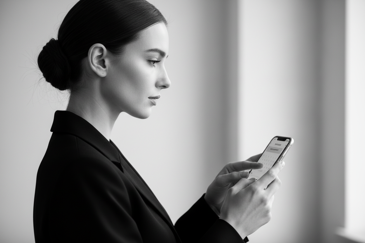 Una mujer de perfil con su celular en la mano, estilo editorial. es un primer plano en blanco y negro con fondo neutro y difuminado. La idea es como si estuviera agendando su hora a la peluqueria. 